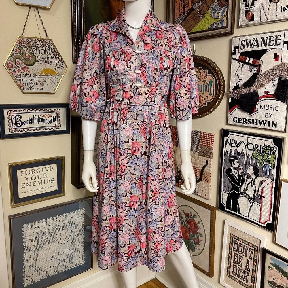70s Vintage Pink & Purple Floral Puff Sleeve Yoke Front Midi Dress Size L